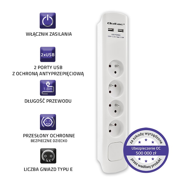 Listwa zasilająca Qoltec 4 gniazda 2 x USB 1.8m Biała - obrazek 5