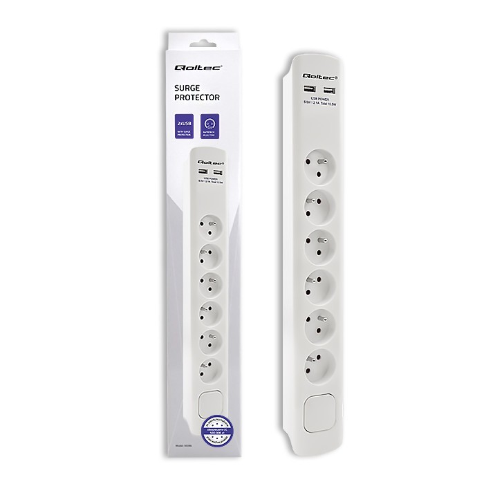 Listwa zasilająca Qoltec 6 gniazd 2 x USB 1.8m Biała - obrazek 5