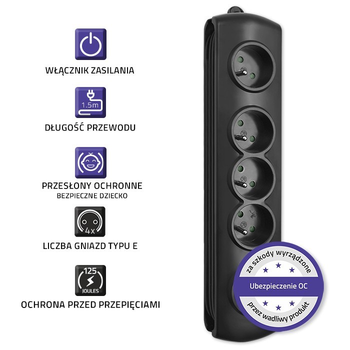 Listwa zasilająca Qoltec 4 gniazda 1.5m Czarna - obrazek 2