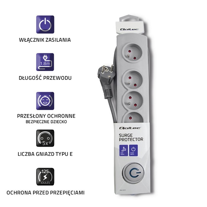 Listwa zasilająca Qoltec 5 gniazd 1.8m Szara - obrazek 2