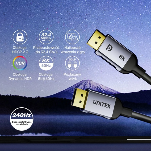 Kabel DisplayPort męski na DisplayPort męski v.1.4 3.0m Unitek 8K 60Hz 4K 240Hz - obrazek 4