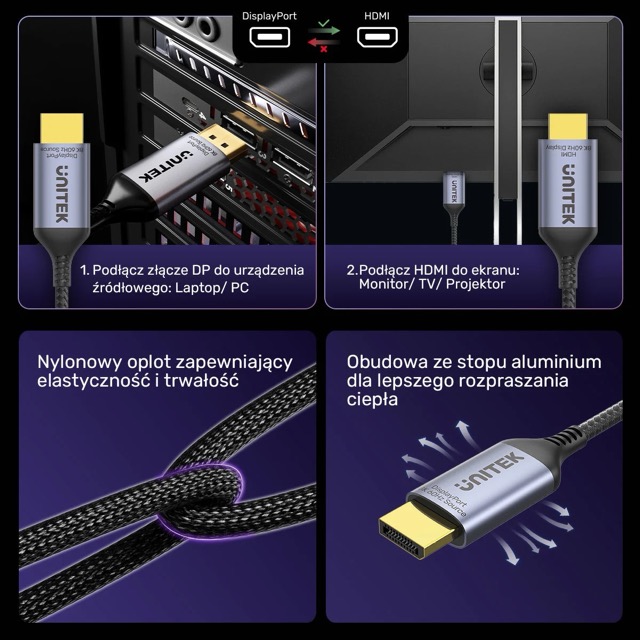 Kabel DisplayPort męski na HDMI męski 1.8 m Unitek 8K - obrazek 3
