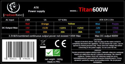 Zasilacz ATX 600W rebeltec Titan - obrazek 3