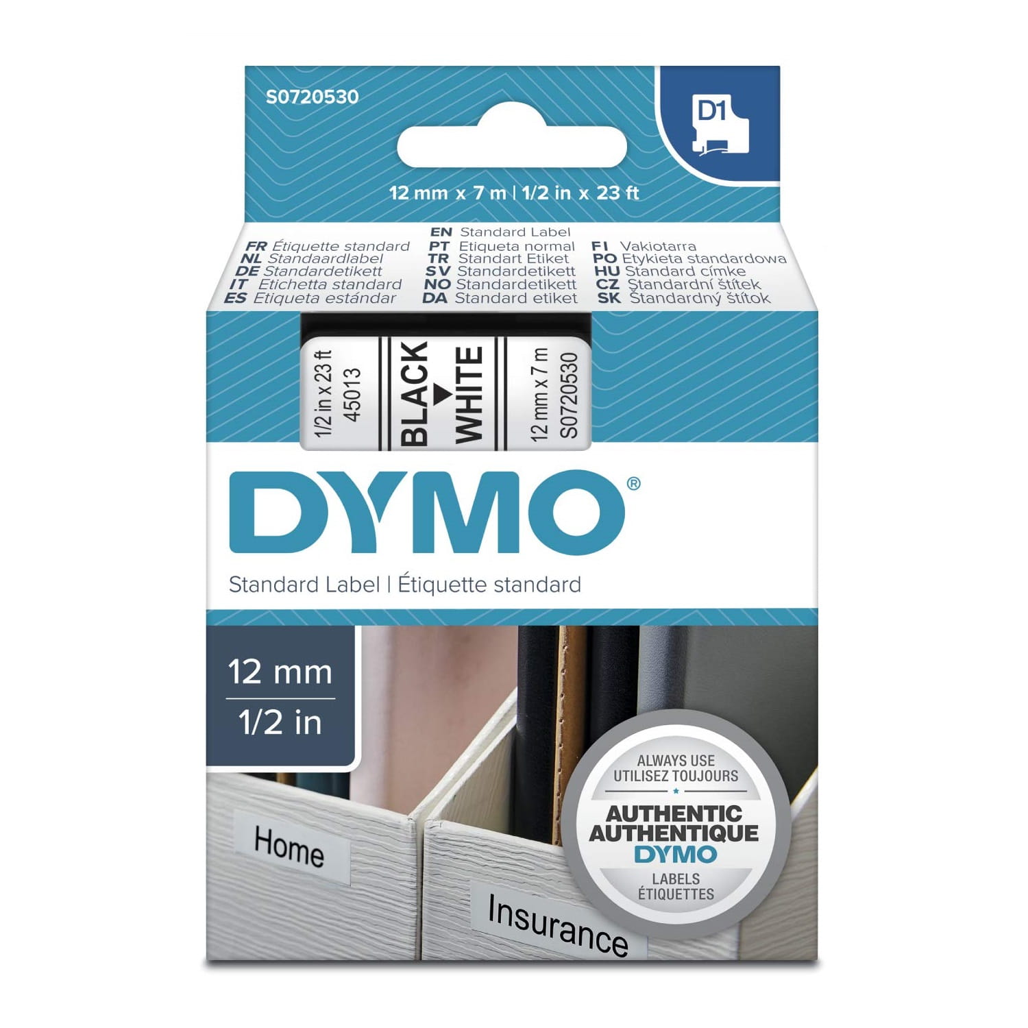 Taśma do drukarki etykiet Dymo D1 12 mm x 7 m biała taśma/czarny nadruk