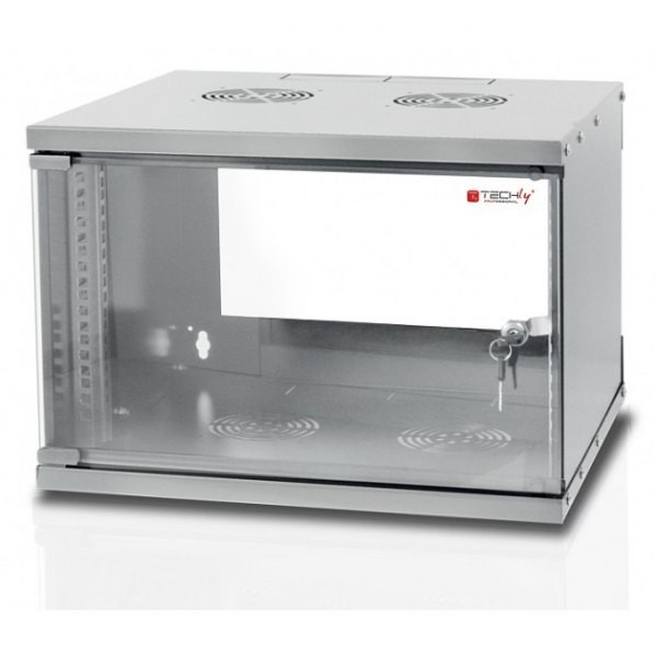 Szafa wisząca rack 19'' 6U 500x450 mm szara (drzwi przednie szklane, zmontowana) Techly