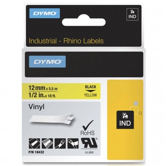 Taśma do drukarki etykiet Dymo Rhino Winylowa 12 mm x 5,5 m żółta taśma/czarny nadruk