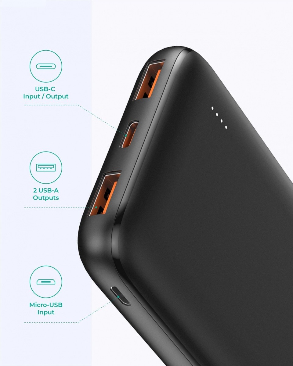 PowerBank Aukey 10000mAh 4xUSB PD, QC 3.0 18W Czarny - obrazek 3