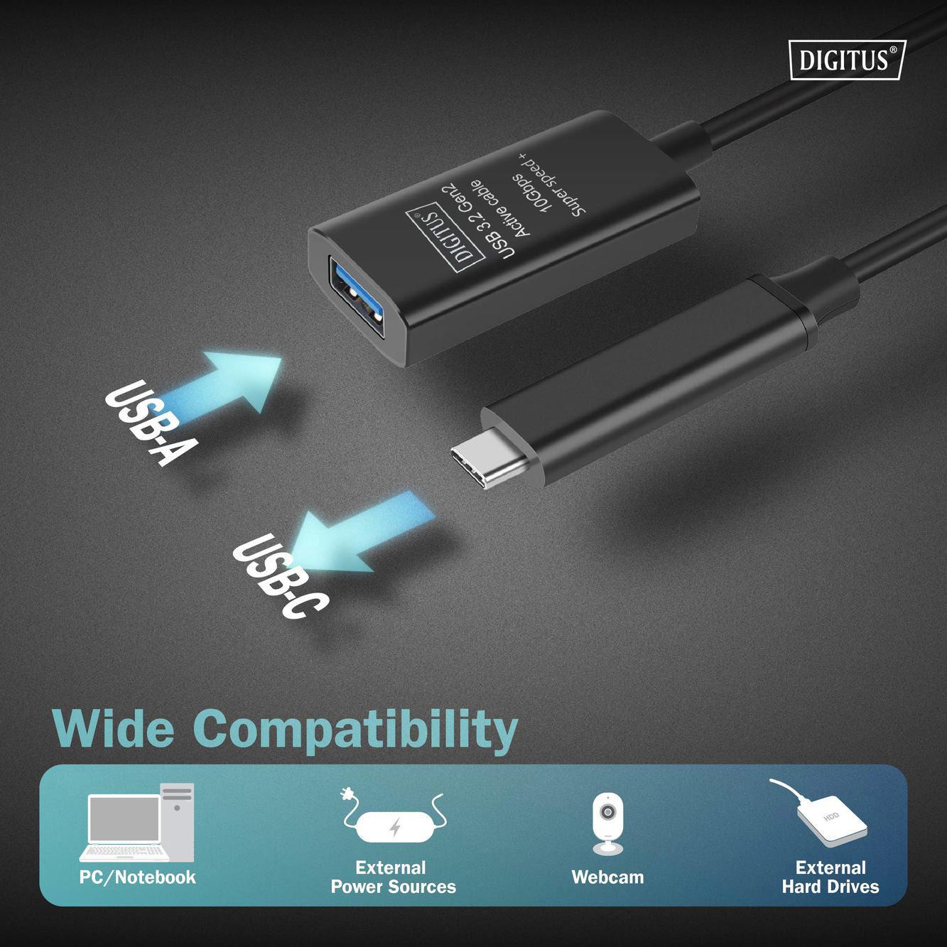 Kabel USB Type-C męski na USB-A żeński przedłużacz 5.0 m aktywny Digitus - obrazek 4