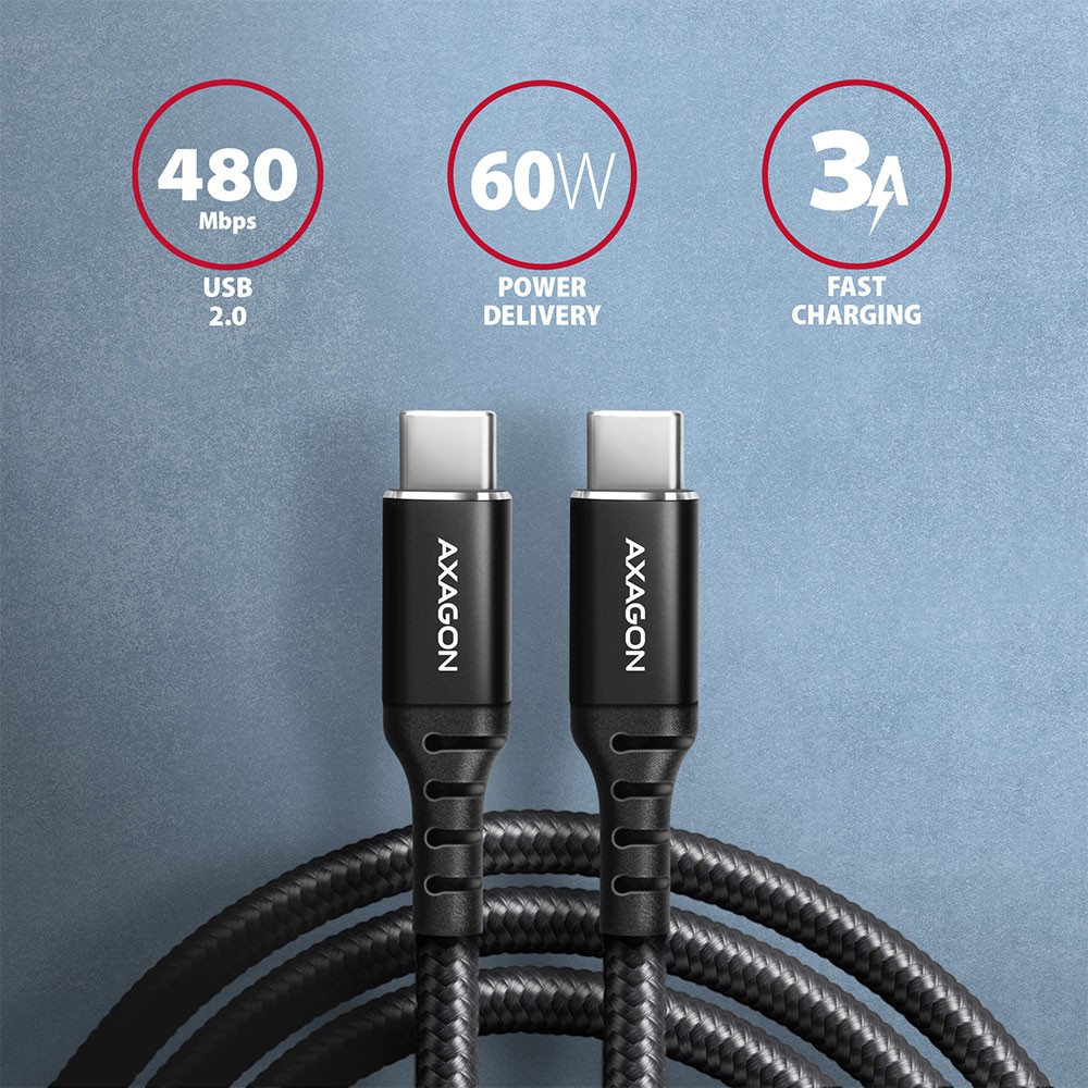 Kabel USB Type-C 3.0 m Axagon 60W Oplot Czarny - obrazek 5