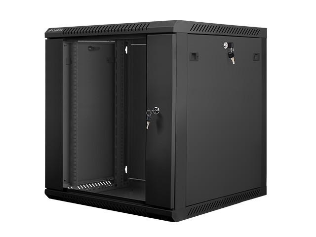Szafa wisząca rack 19'' 12U 600x600mm czarna (drzwi przednie szklane) Langberg