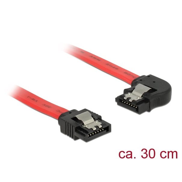 Kabel do dysków SATA 3 Data 0.3 m czerwony, metalowy zatrzask, kątowy Delock