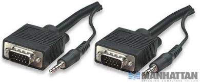 Kabel SVGA HD15 męski na HD15 męski + mini Jack, ekranowany 5 m Manhattan