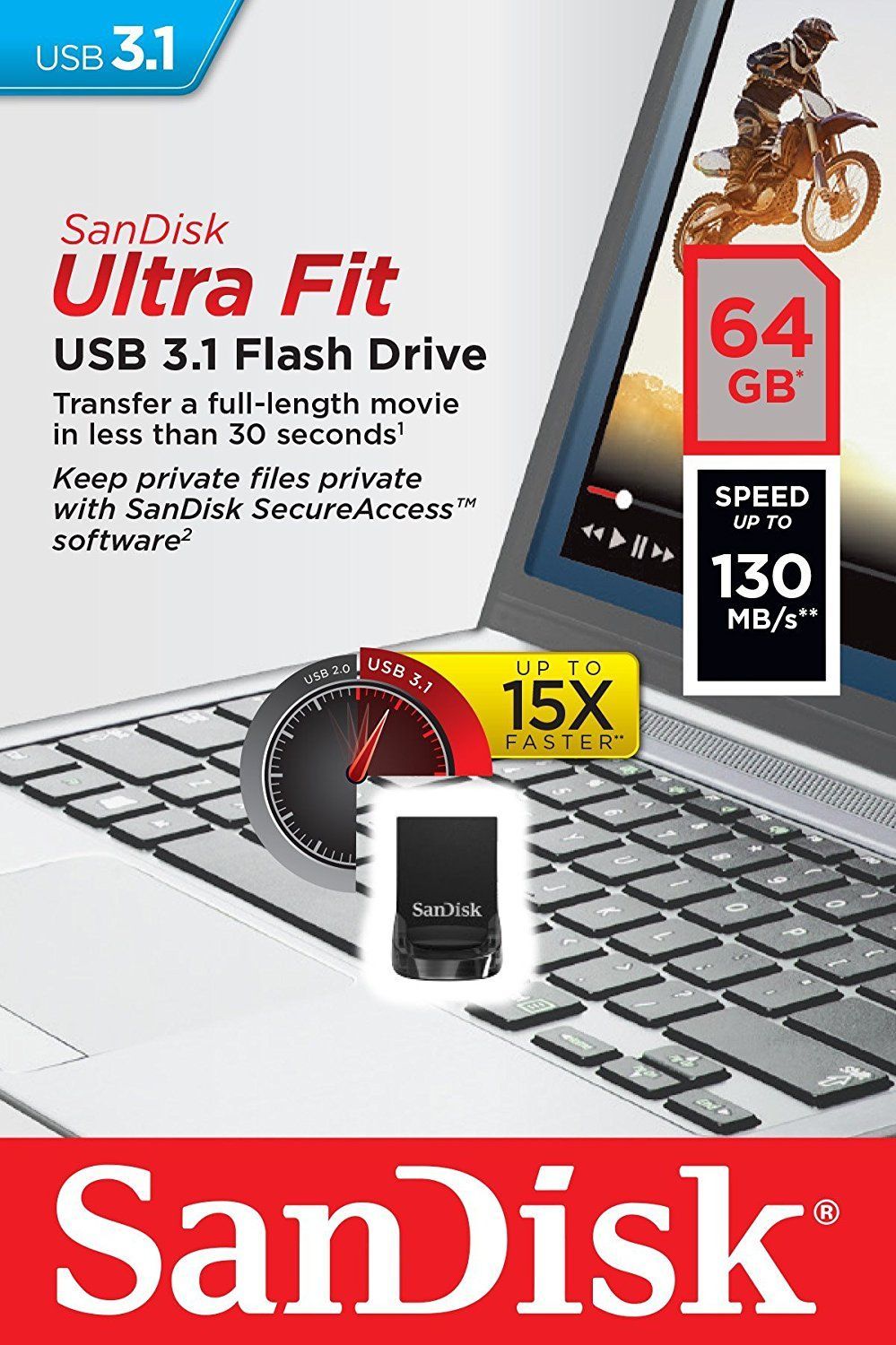 Flashdrive 64GB USB 3.1 SanDisk Cruzer Ultra Fit - obrazek 3