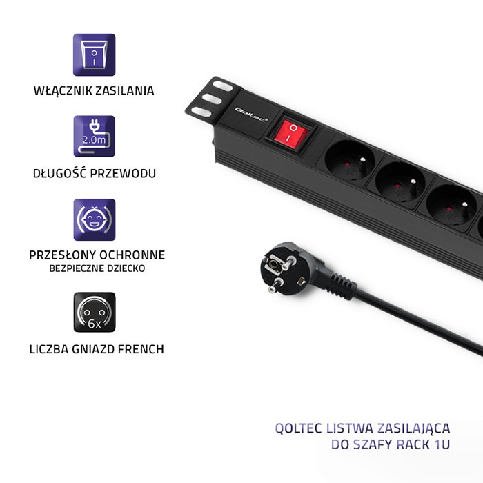 Listwa zasilająca Qoltec do Rack 19'' 1U 6 x French 2.0 m - obrazek 5