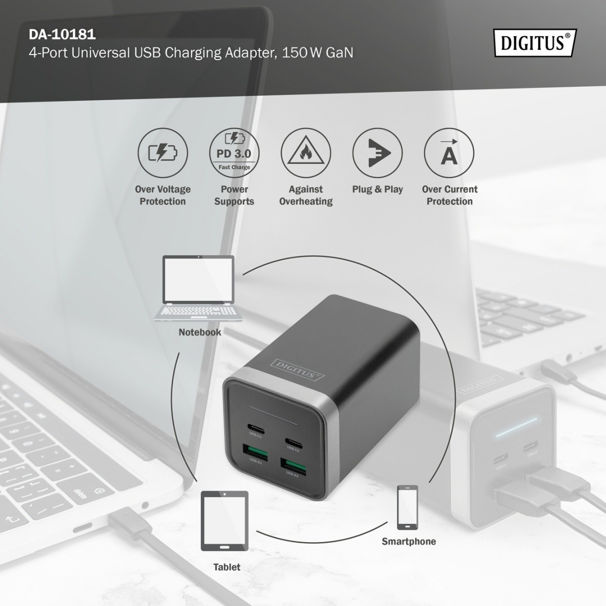 Ładowarka sieciowa USB GaN 150W 2 x USB Type-C + 2 x USB A PD Digitus Czarna - obrazek 2