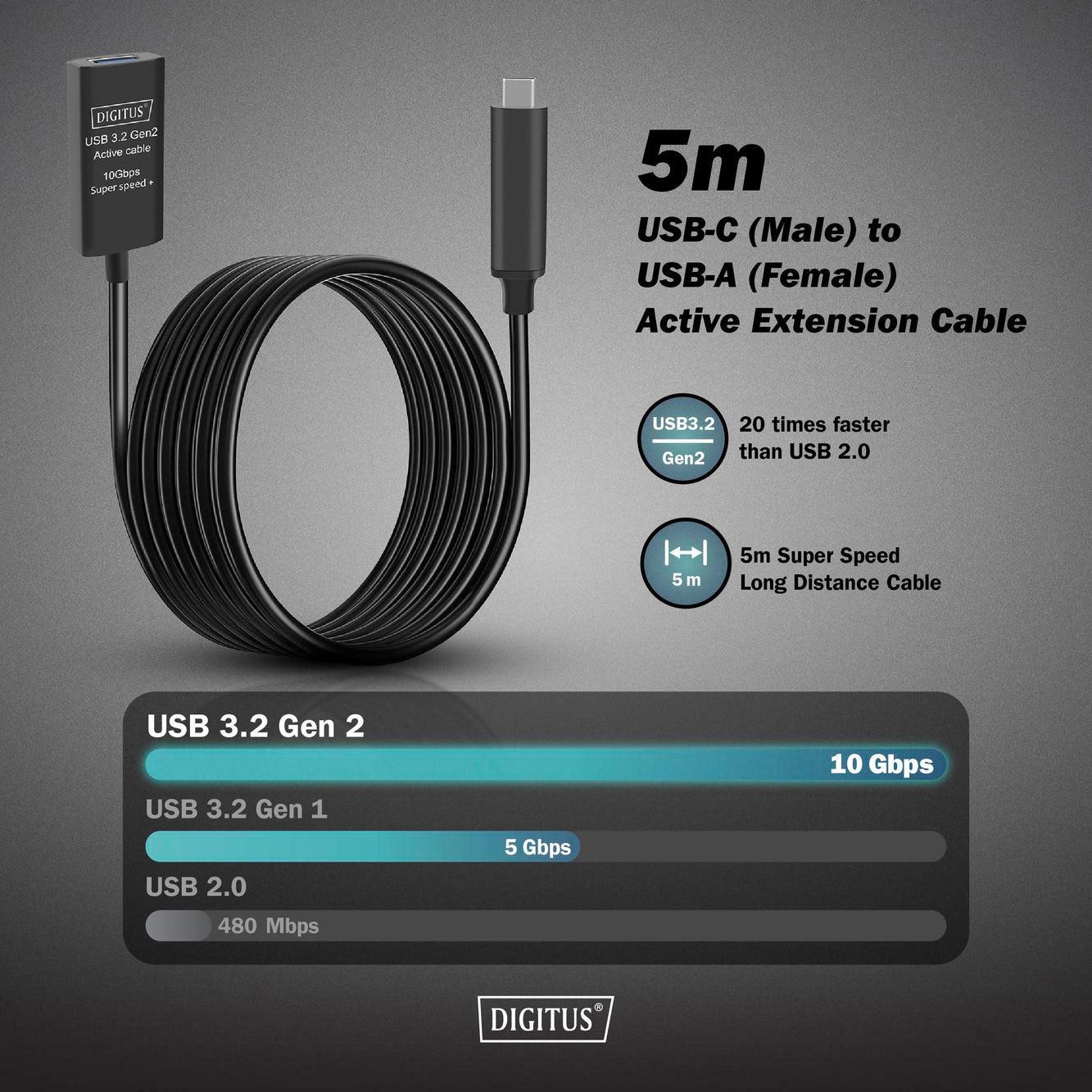Kabel USB Type-C męski na USB-A żeński przedłużacz 5.0 m aktywny Digitus - obrazek 3
