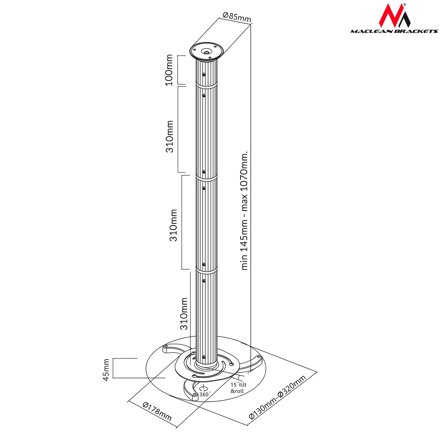 Uchwyt do mocowania projektora sufitowy z regulowanym ramieniem 80-980mm 10 kg Maclean - obrazek 3