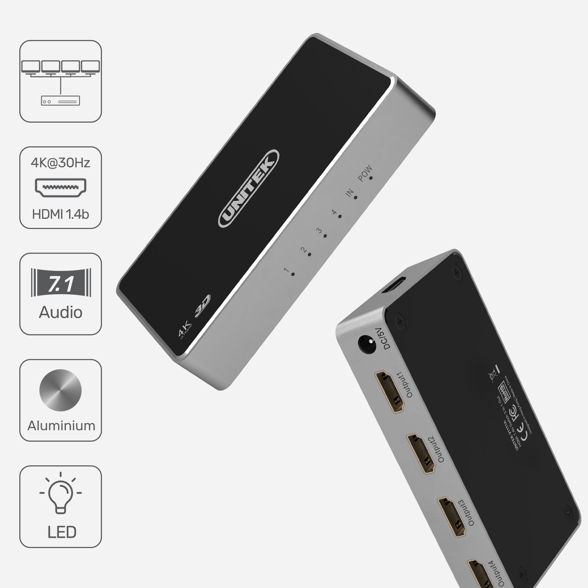 Splitter HDMI 1 Nadajnik -> 4 Odbiorniki 4K Unitek - obrazek 2