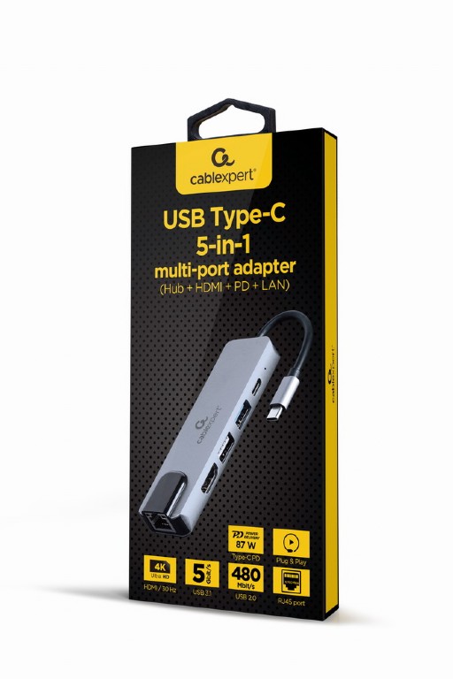 Stacja dokująca do laptopa USB Type-C 4K 1x HDMI 1x USB 3.0 1x USB 2.0 1x Ethernet 1x USB-C PD 87W Gembird - obrazek 3