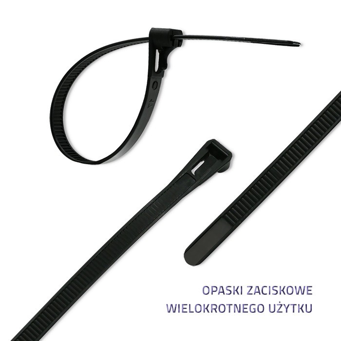 Opaski zaciskowe wielorazowe 400mm x 7,2mm (100 szt.)  Czarne