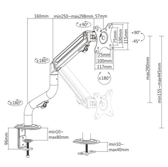 Uchwyt do mocowania LCD 17" - 32" - 8 Kg Biurkowy; regulowany, sprężyna gazowa Gembird - obrazek 2