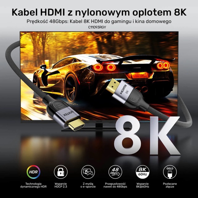 Kabel HDMI męski na HDMI męski v.2.1 8.0 m Unitek LUX - obrazek 4