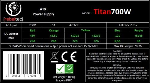 Zasilacz ATX 700W rebeltec Titan - obrazek 3