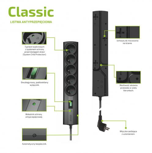 Listwa zasilająca Ever Home/Office SurgeArrest Classic 5 gniazd 5.0m - obrazek 3
