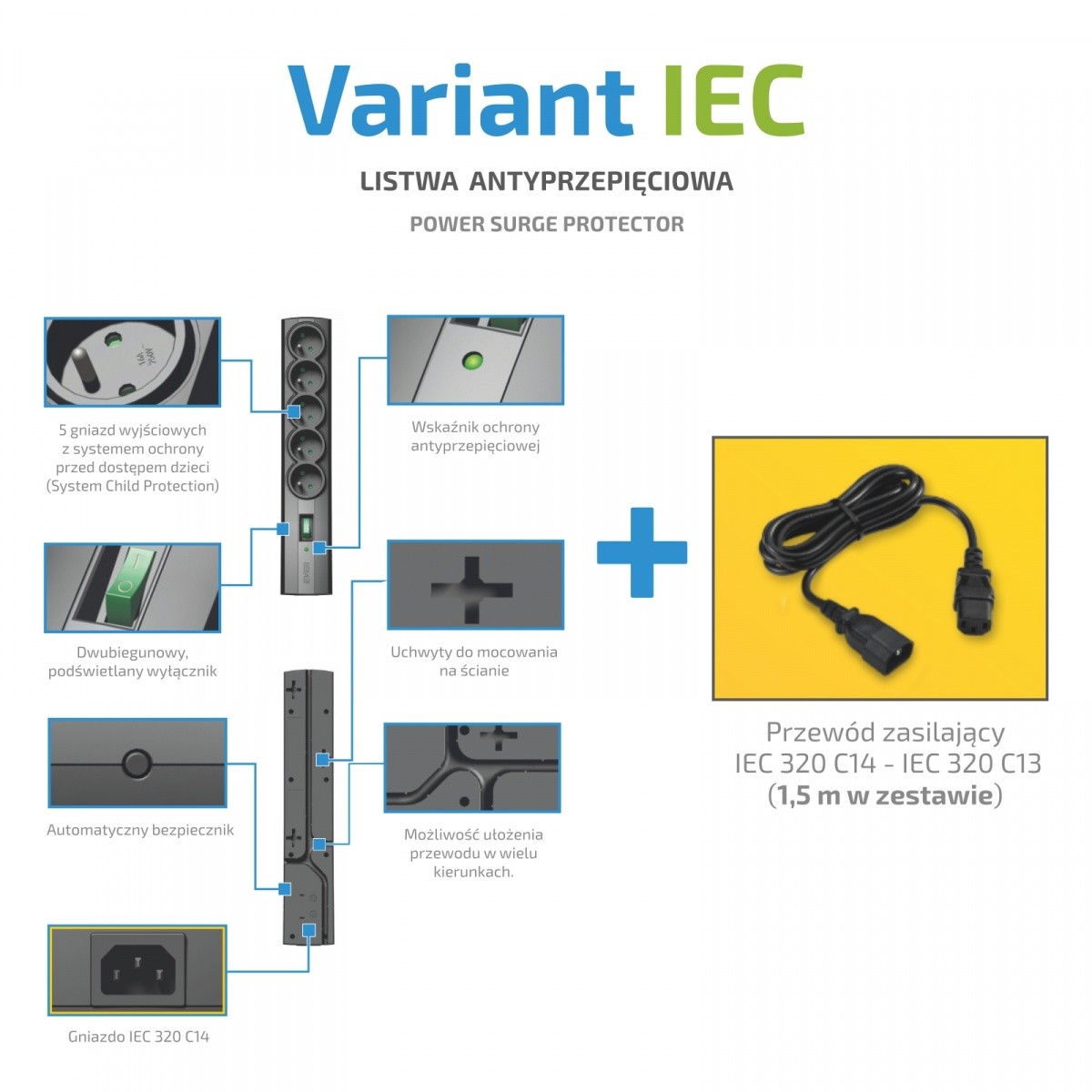Listwa zasilająca Ever Home/Office SurgeArrest Variant IEC 5 gniazd 1.5m - obrazek 3