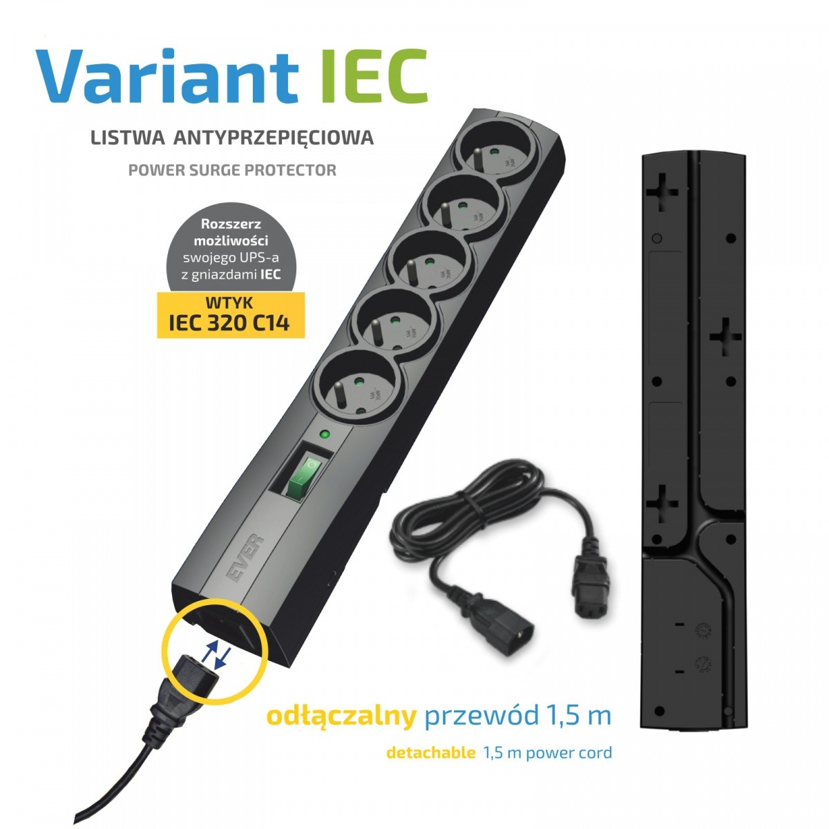 Listwa zasilająca Ever Home/Office SurgeArrest Variant IEC 5 gniazd 1.5m - obrazek 2